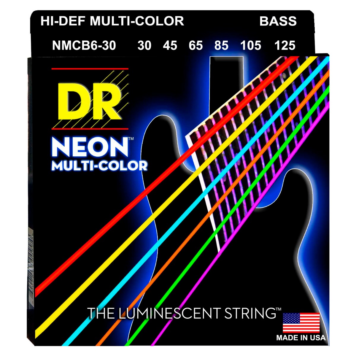 DR Strings Hi-Def NEON Multi-Color 6-String Bass, 30-125