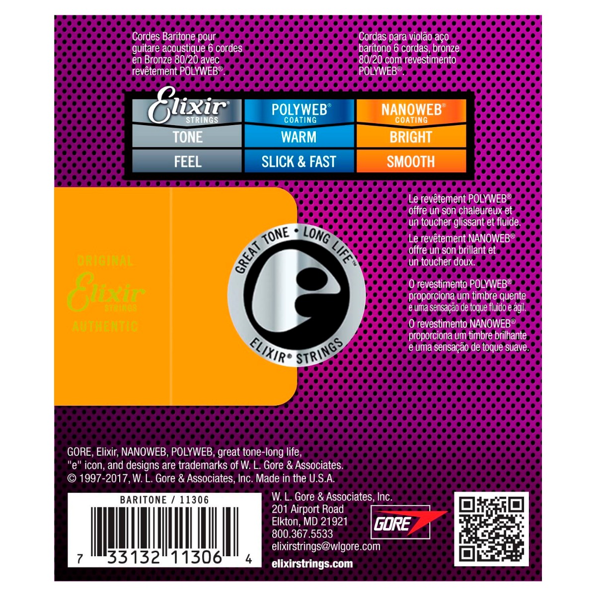 Elixir 11306 Nanoweb 80/20 Bronze Baritone Strings 16-70 - Image 2