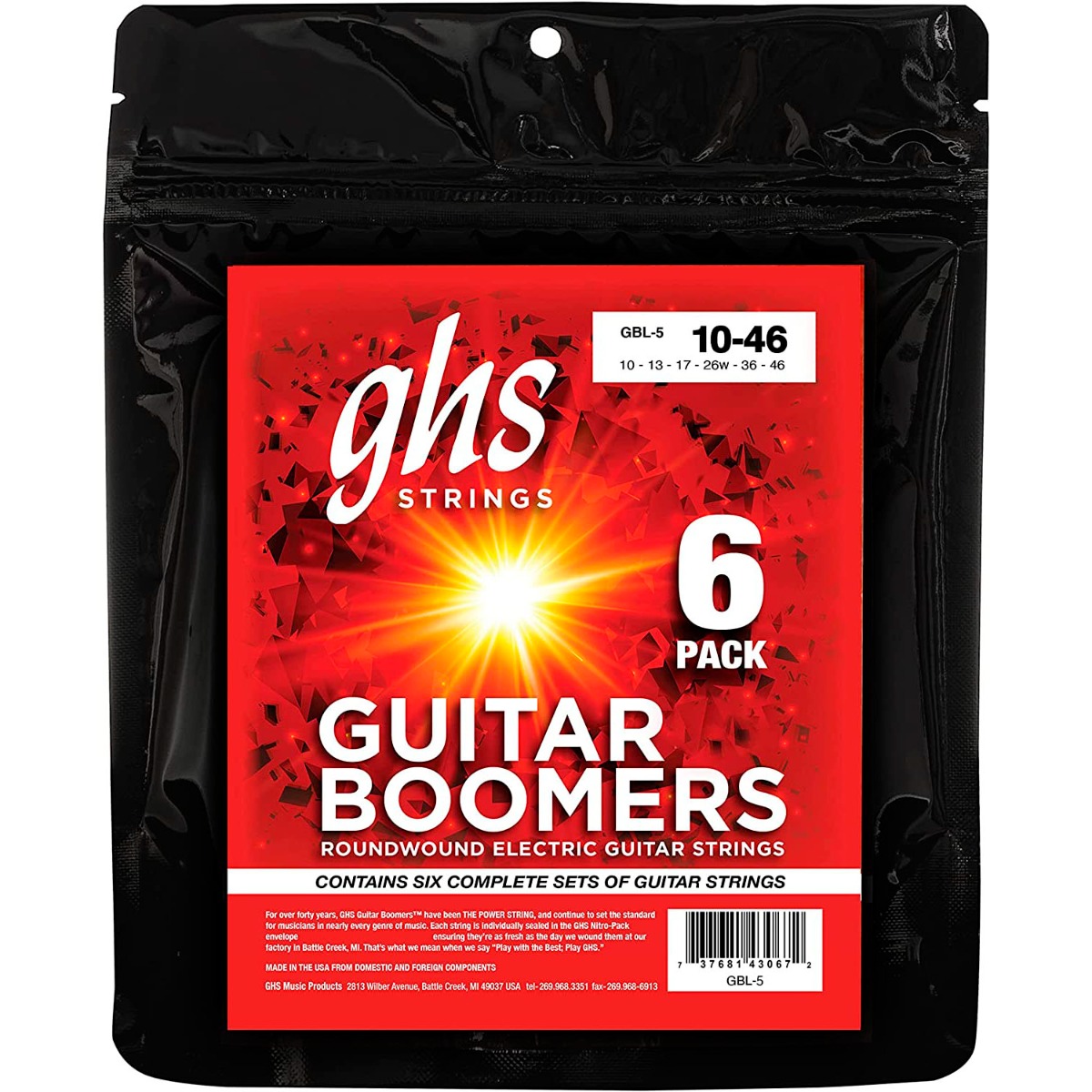 GHS Boomers Light .010 Electric Strings – 5-Pack +1 Free